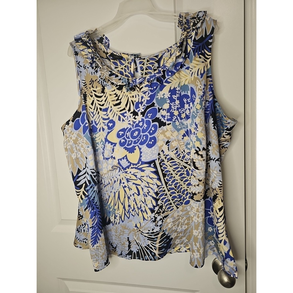 TALBOTS Petite‎ S'less Poly Crepe FLORAL Blouse w/Ruffle Trim Sz 3XP Blue Beige
